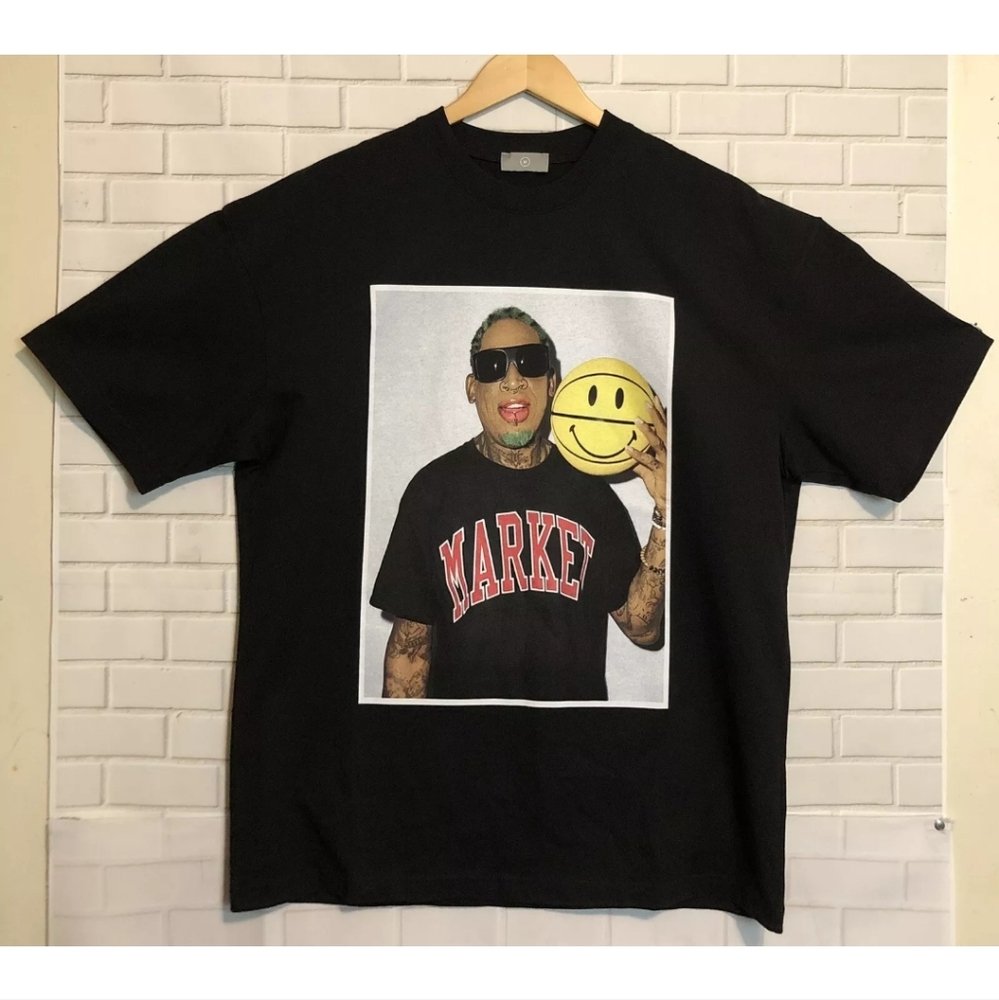 New Dennis Rodman Market Tattoos Double Sided Basketball Smiley Black Shirt 2XL - Picture 12 of 12